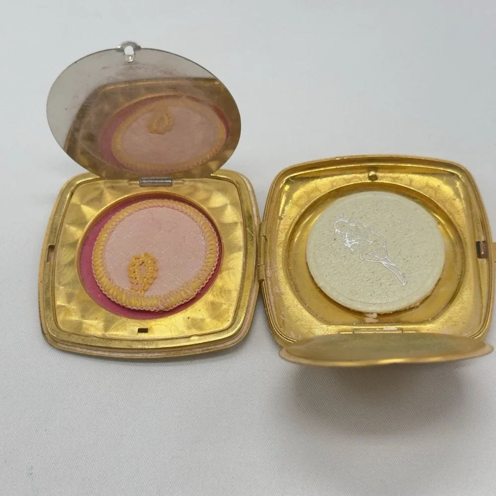 Vintage Gold Tone Powder Double Compact Mirror Mid Century Vanity